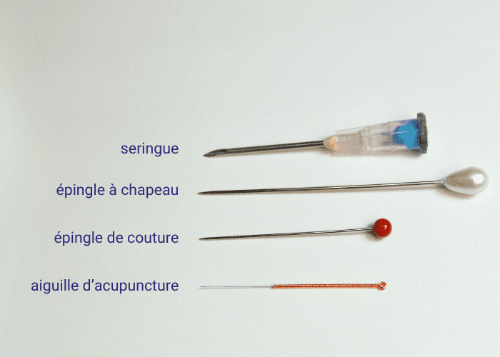 Comparaison de grosseur entre une seringue, une épingle à chapeau, une épingle de couture et une aiguille d'acupuncture.